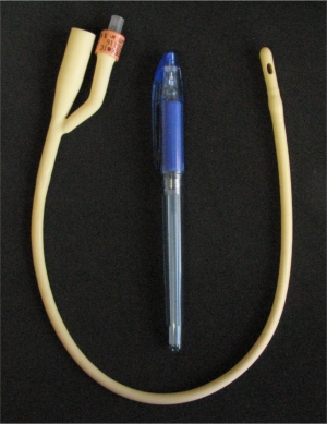 16 French size urethral catheter next to a pen
